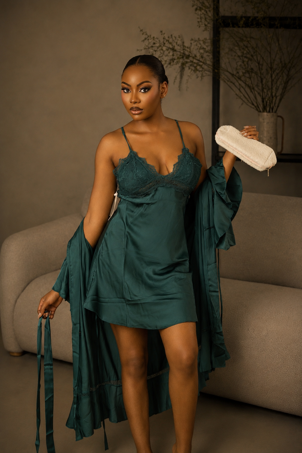 The Keeper, front view, peacock silk lounge set