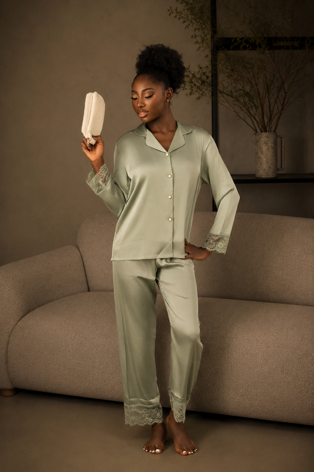 The Merit, front view, sage silk lounge set with lace trim