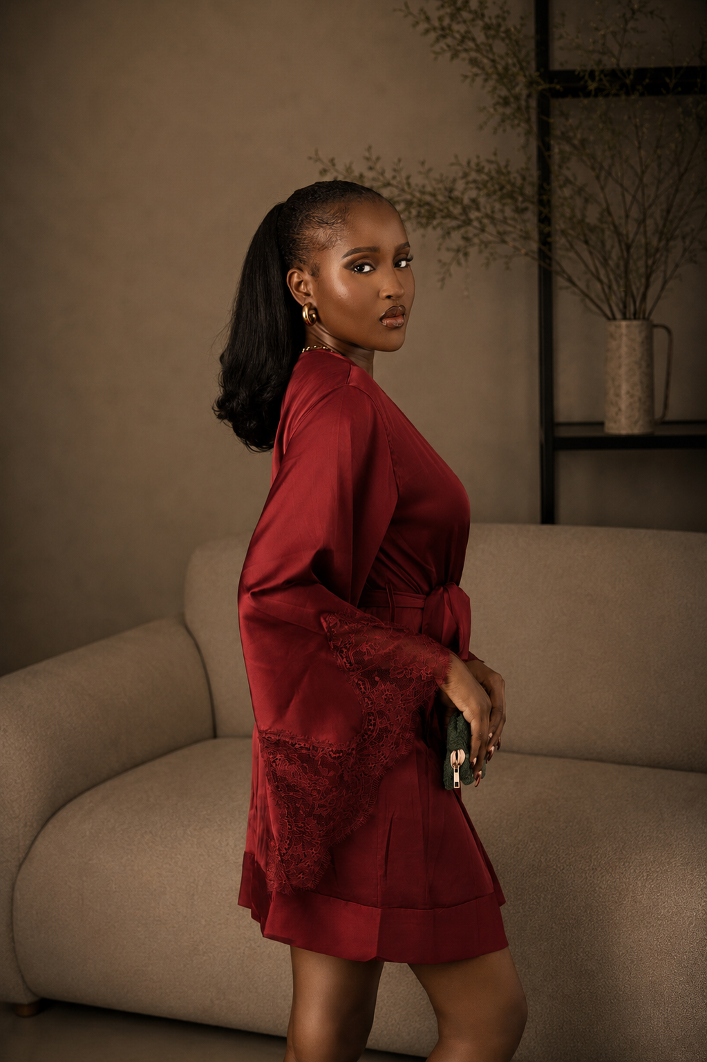 The Rosso, side profile, crimson silk robe
