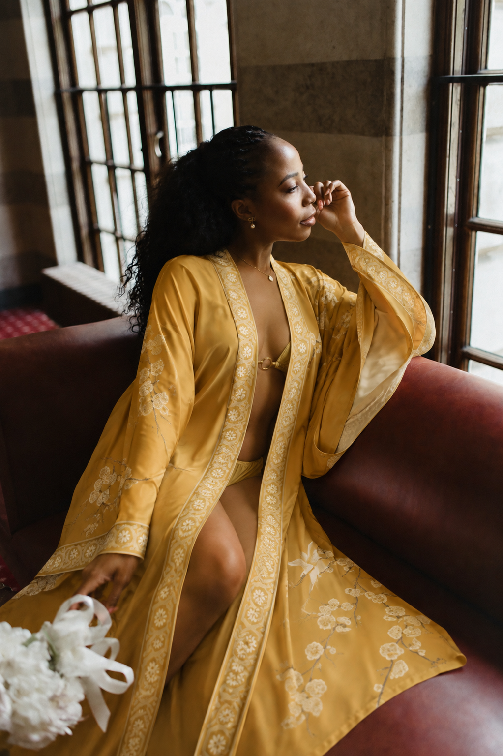 Fet & Silk, golden silk robe, editorial portrait