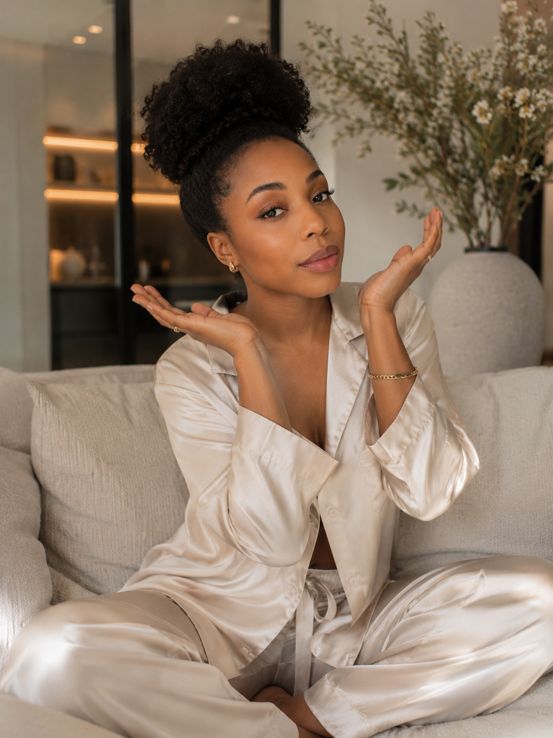 Just Because, silk pajama set, playful portrait